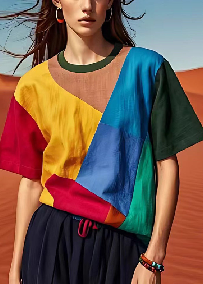 French Colorblock Asymmetrical Patchwork Linen Tank Tops Summer