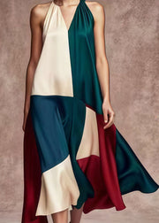 French Colorblock Asymmetrical Patchwork Silk Party Dress Summer