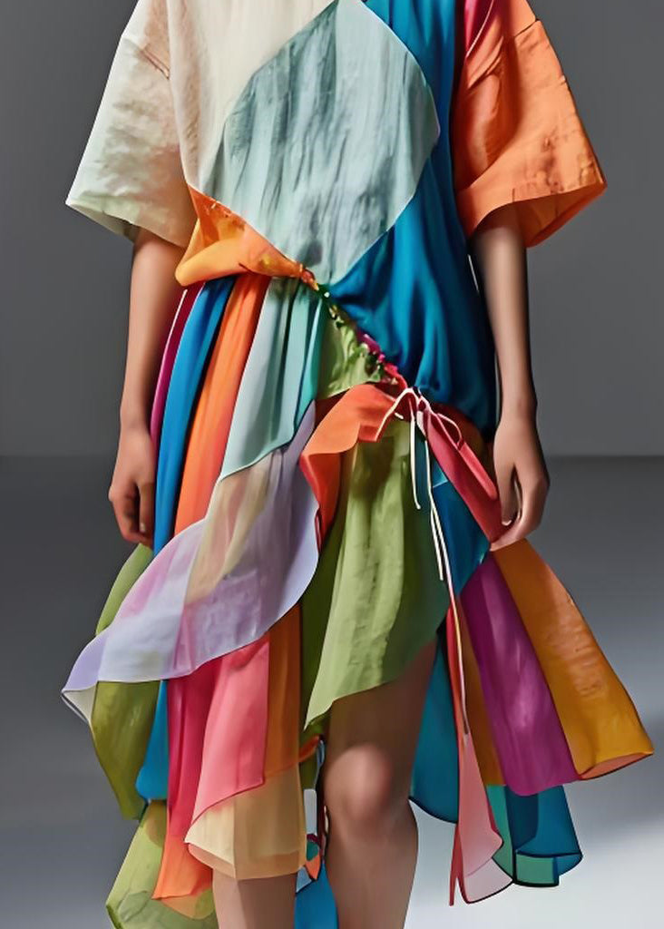 French Colorblock Cinched Asymmetrical Patchwork Cotton Dress Summer