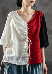 French Colorblock Cinched Patchwork Linen Blouse Tops Summer