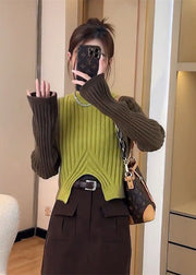 French Colorblock O Neck Asymmetrical Knit Sweaters Fall