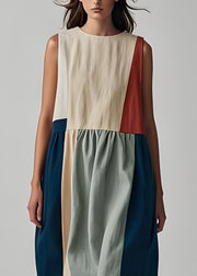 French Colorblock O Neck Wrinkled Patchwork Linen Dress Sleeveless