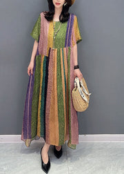 French Colorblock O Neck Wrinkled Patchwork Silk Dress Summer