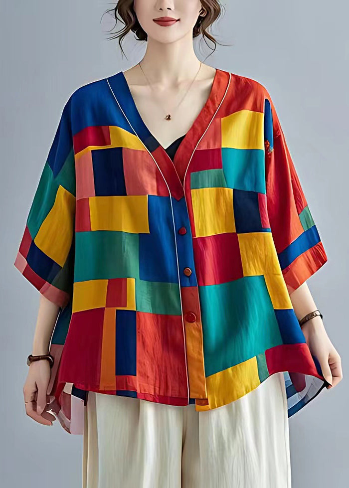French Colorblock Oversized Print Cotton Shirt Top Summer