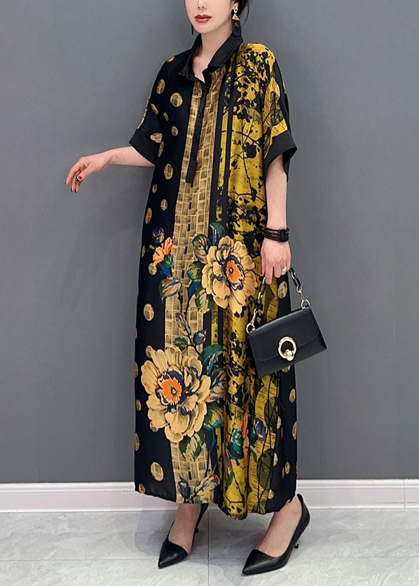 French Colorblock Peter Pan Collar Print Silk Maxi Dresses Summer