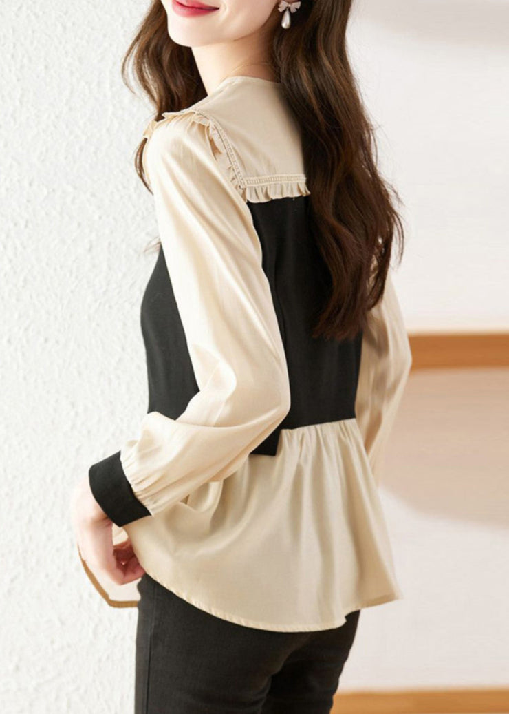 French Colorblock Ruffled Patchwork False Two Pieces Chiffon Shirt Fall