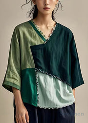 French Colorblock Ruffled Patchwork Linen Tops Half Sleeve