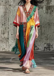 French Colorblock Ruffled Patchwork Silk Maxi Dresses Summer