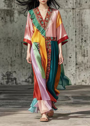 French Colorblock Ruffled Patchwork Silk Maxi Dresses Summer