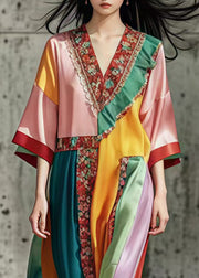 French Colorblock Ruffled Patchwork Silk Maxi Dresses Summer