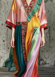 French Colorblock Ruffled Patchwork Silk Maxi Dresses Summer