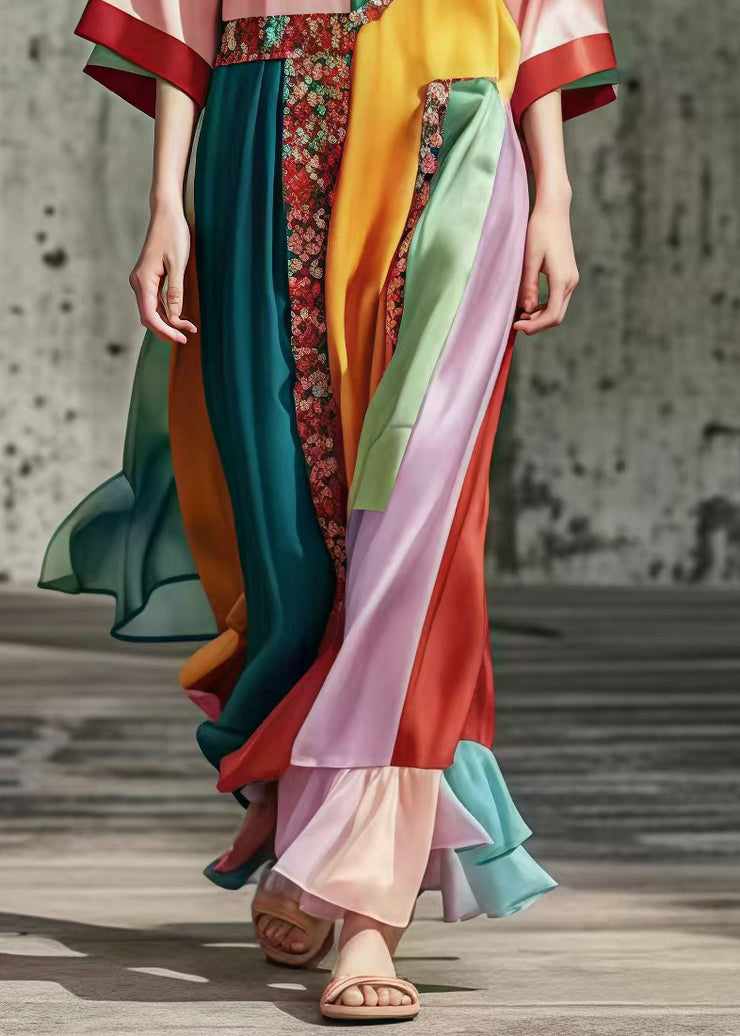 French Colorblock Ruffled Patchwork Silk Maxi Dresses Summer