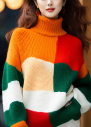 French Colorblock Turtleneck Cozy Knit Sweater Winter