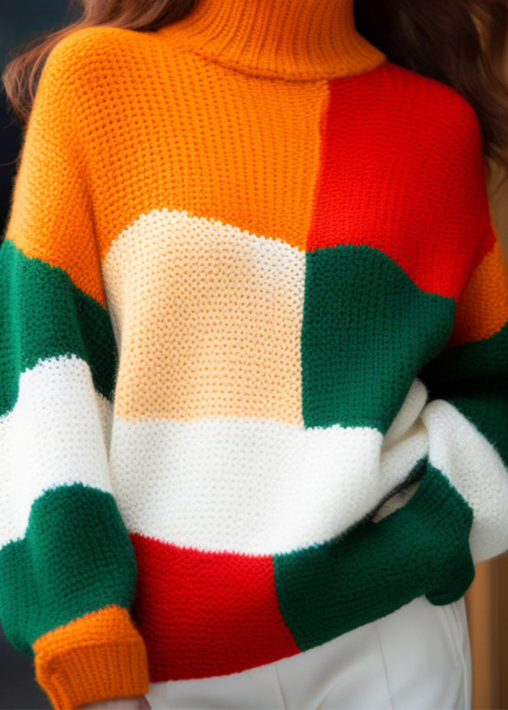 French Colorblock Turtleneck Cozy Knit Sweater Winter