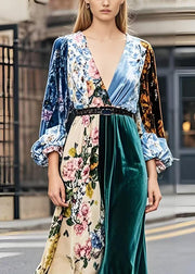 French Colorblock V Neck Patchwork Print Silk Velvet Dresses Spring