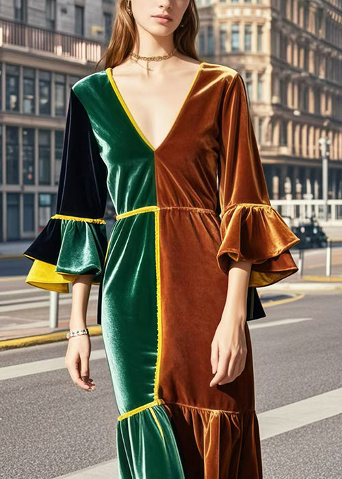 French Colorblock V Neck Patchwork Silm Fit Silk Velvet Dresses Flare Sleeve