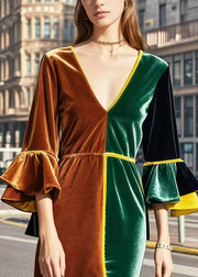 French Colorblock V Neck Patchwork Silm Fit Silk Velvet Dresses Flare Sleeve