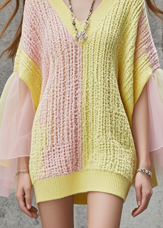 French Colorblock V Neck Patchwork Tulle Sweater Dress Fall