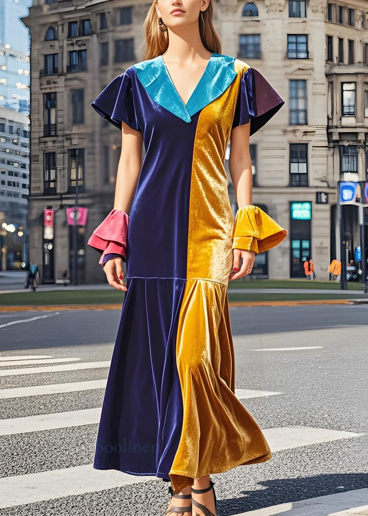 French Colorblock V Neck Patchwork Velvet Long Dress Butterfly Sleeve