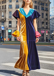 French Colorblock V Neck Patchwork Velvet Long Dress Butterfly Sleeve