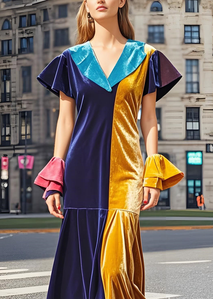 French Colorblock V Neck Patchwork Velvet Long Dress Butterfly Sleeve