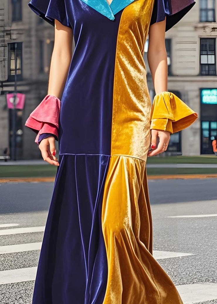 French Colorblock V Neck Patchwork Velvet Long Dress Butterfly Sleeve