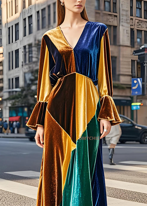 French Colorblock V Neck Patchwork Velvet Long Dresses Flare Sleeve