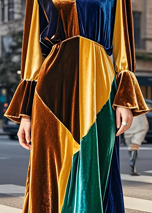 French Colorblock V Neck Patchwork Velvet Long Dresses Flare Sleeve