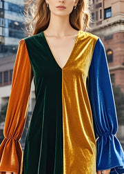 French Colorblock V Neck Patchwork Velvet Mid Dress Fall