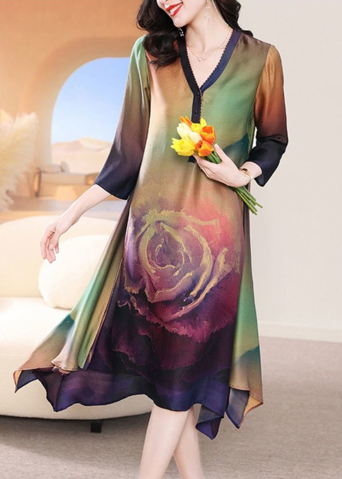 French Colorblock V Neck Print Silk Long Dress Bracelet Sleeve