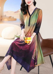 French Colorblock V Neck Print Silk Long Dress Bracelet Sleeve