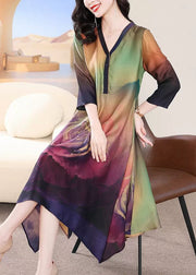 French Colorblock V Neck Print Silk Long Dress Bracelet Sleeve