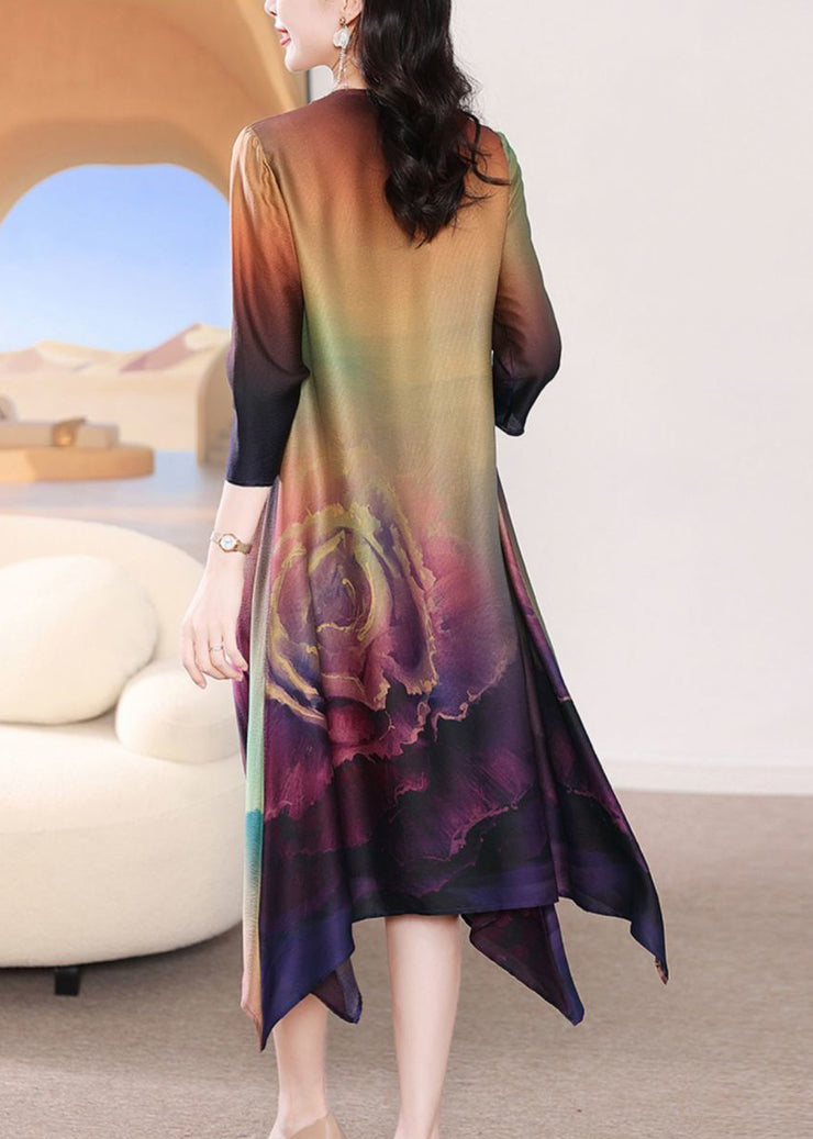 French Colorblock V Neck Print Silk Long Dress Bracelet Sleeve