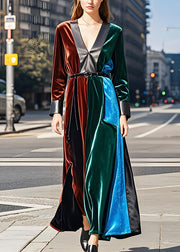 French Colorblock V Neck Sashes Velvet Long Dresses Fall