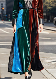 French Colorblock V Neck Sashes Velvet Long Dresses Fall