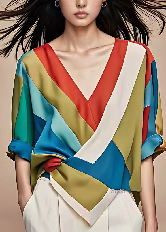 French Colorblock Wrinkled Chiffon T Shirts Summer