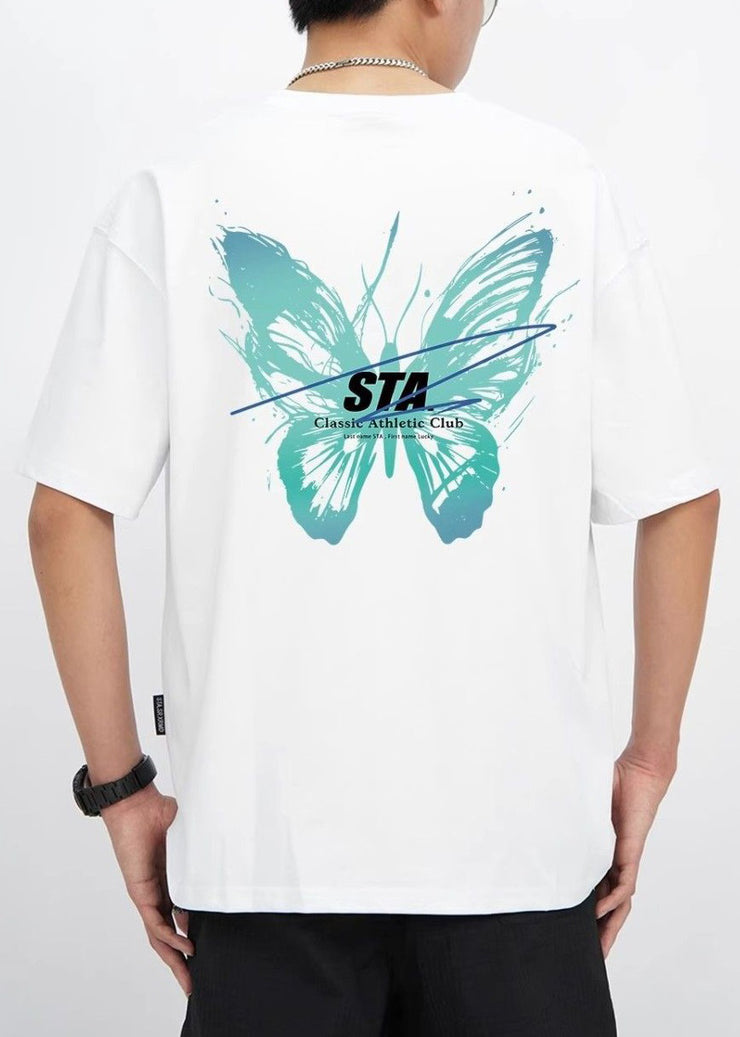French Cyan Butterfly Print Cotton Mens T Shirts Summer