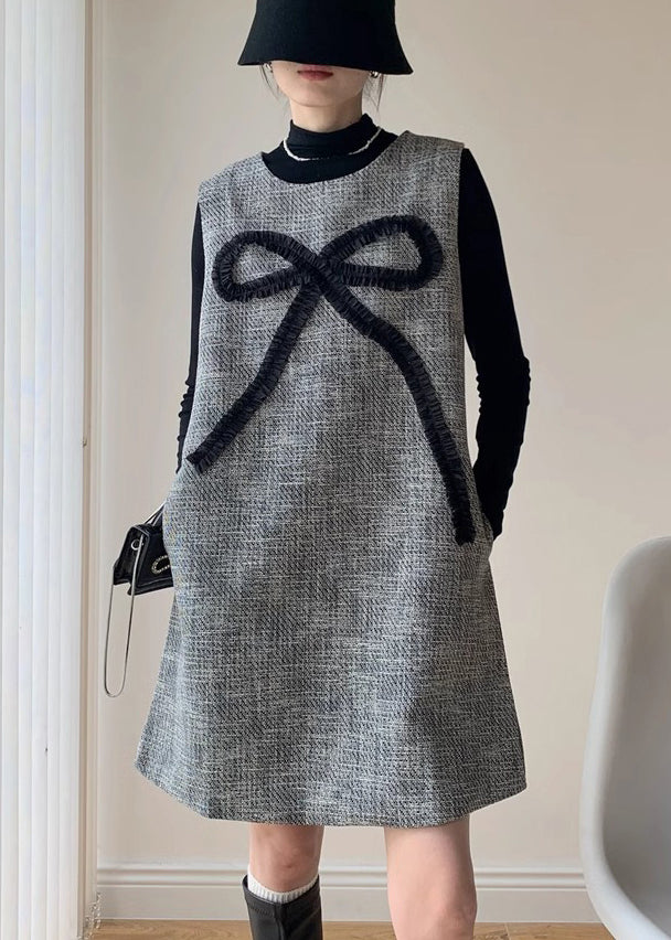 French Dark Gray Bow Dress And Black Tops Cotton Two Piece Set Winter