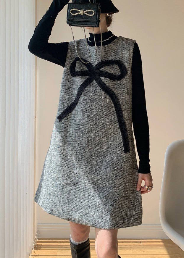 French Dark Gray Bow Dress And Black Tops Cotton Two Piece Set Winter