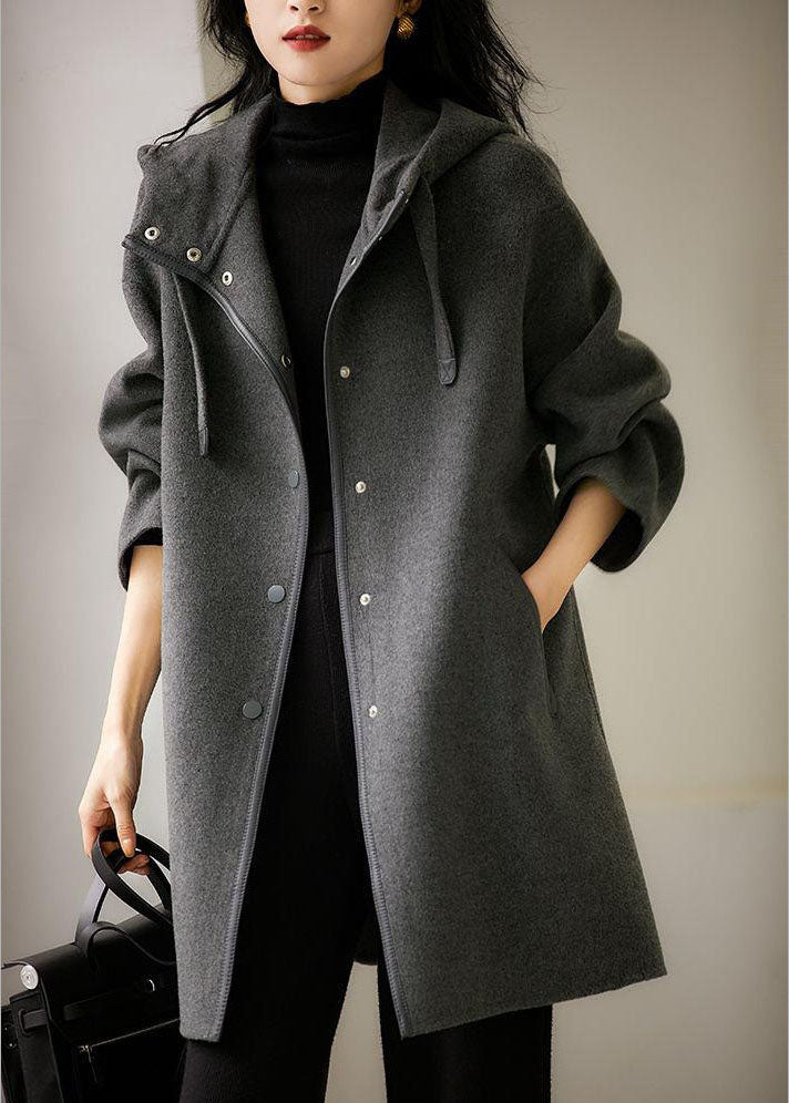 French Dark Gray Drawstring Button Hoodie Wool Blend Coat Long Sleeve