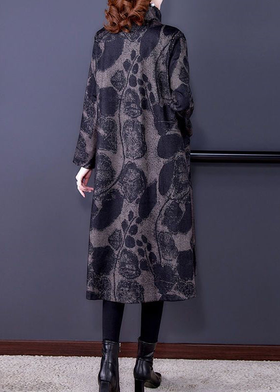 French Dark Gray Print Pockets Patchwork Cotton Long Trench Coat Fall