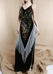 French Dark Gray V Neck Tasseled Silk Velvet Spaghetti Strap Dress Sleeveless