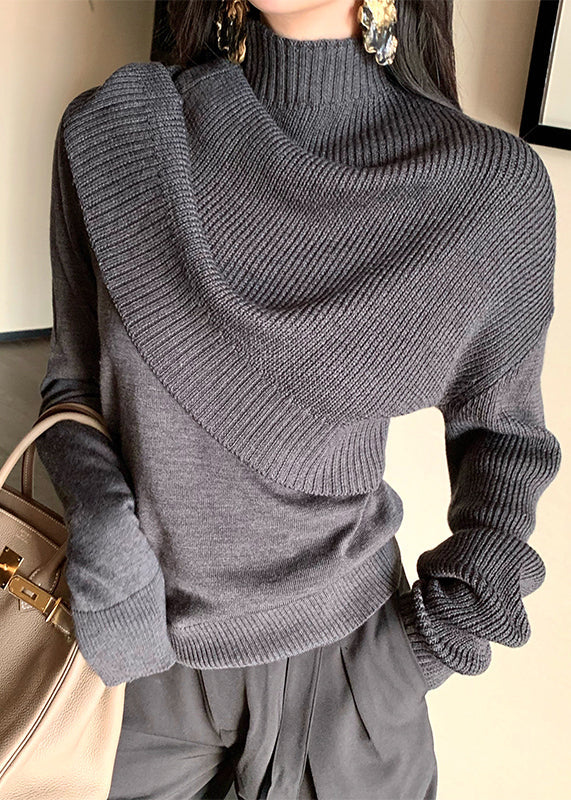 French Dark Grey Hign Neck False Two Pieces Woolen Knit Sweaters Spring