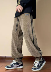 French Dark Khaki Plaid Elastic Waist Cotton Mens Pants Fall