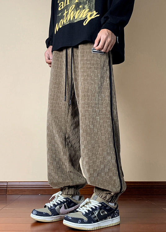 French Dark Khaki Plaid Elastic Waist Cotton Mens Pants Fall