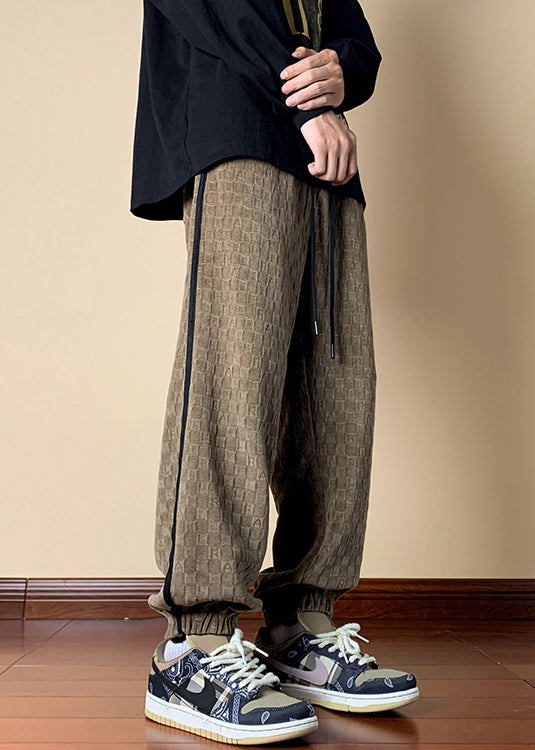 French Dark Khaki Plaid Elastic Waist Cotton Mens Pants Fall