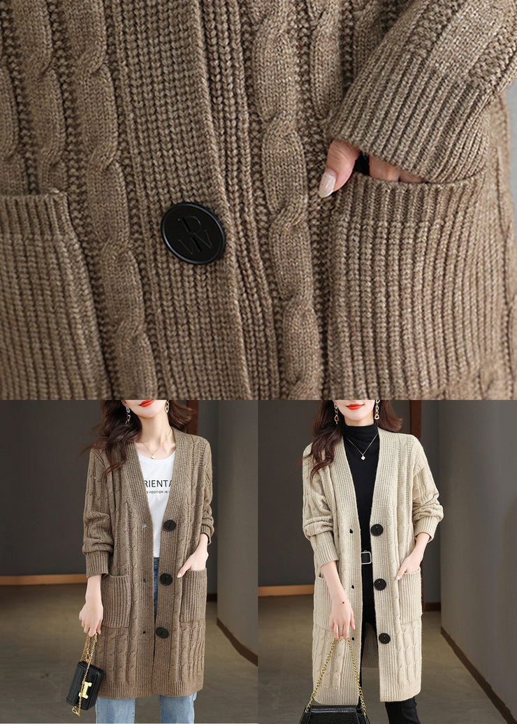 French Dark Khaki V Neck Button Wool Knit Cardigan Fall