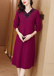 French Dark Purple V Neck Zircon Knit Sweater Dress Winter