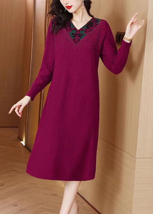 French Dark Purple V Neck Zircon Knit Sweater Dress Winter