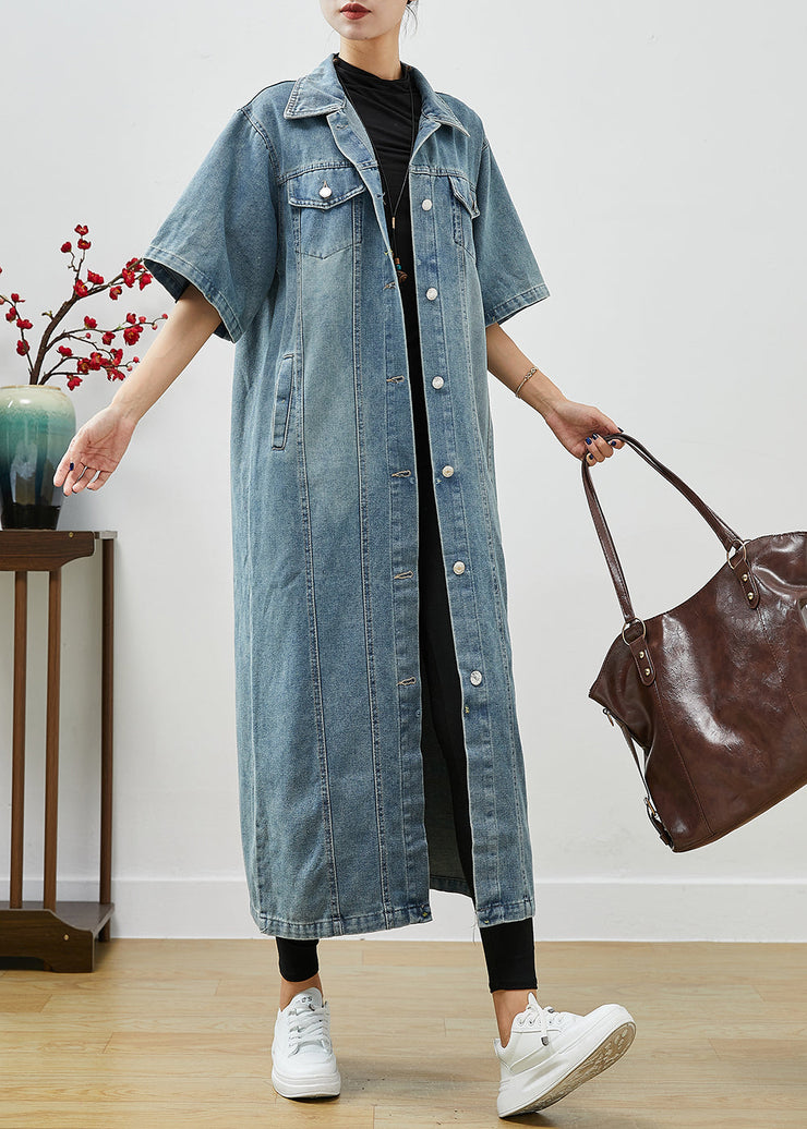 French Denim Blue Oversized Pockets Cotton Trench Short Sleeve